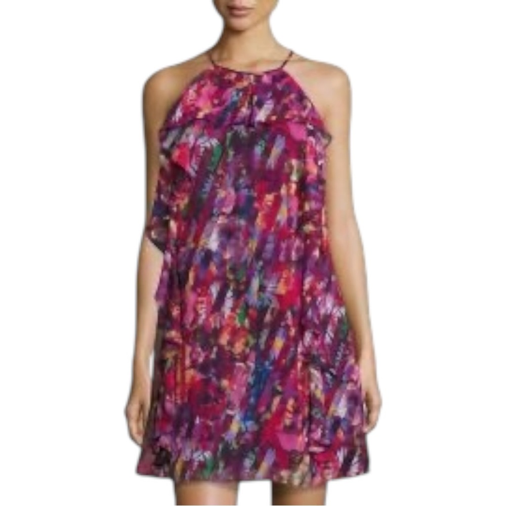 Maggy London Abstract Floral Ruffle Halter Neck Dress Sz 4 NWT